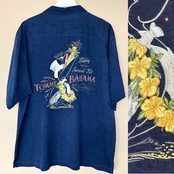 Tommy Bahama Men L 100% Silk Embroidered Back Camp Shirt Cigar Martini Beach